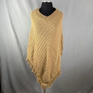 Carly Blake Poncho Sweater Womens One Size Brown Ribbed Texture Fringe Hem Boho